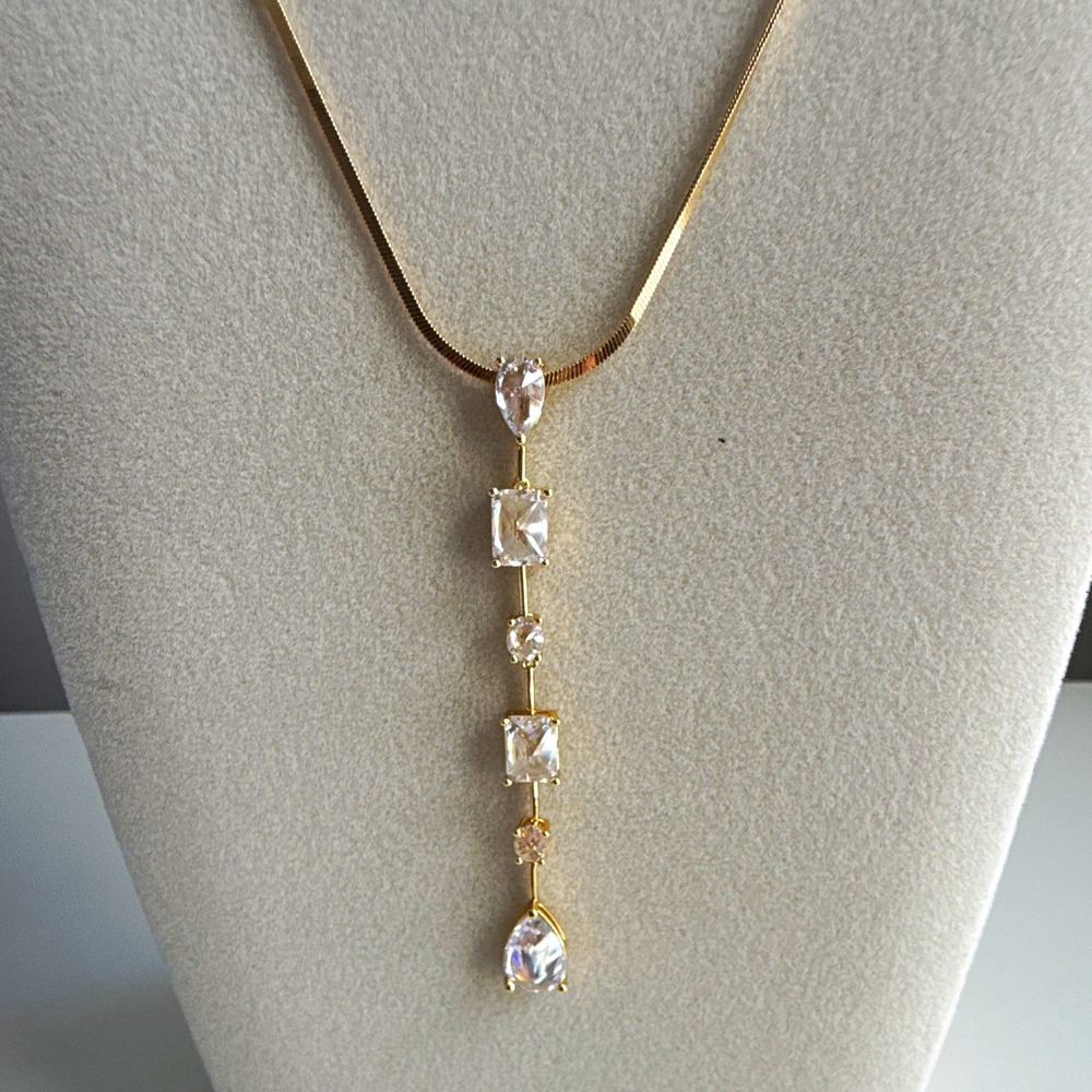 Serefina  Gold Tone Snake Chain Y-Drop Geometric Clear Crystal Pendant Necklace